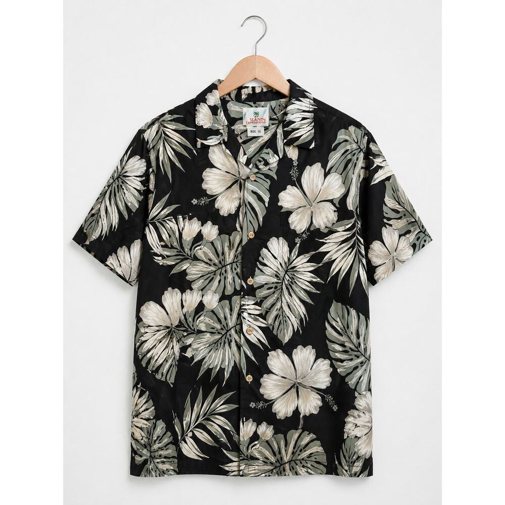 Black Floral Hawaiian Shirt XL Tropical Aloha Shirt Men's Resort Wear